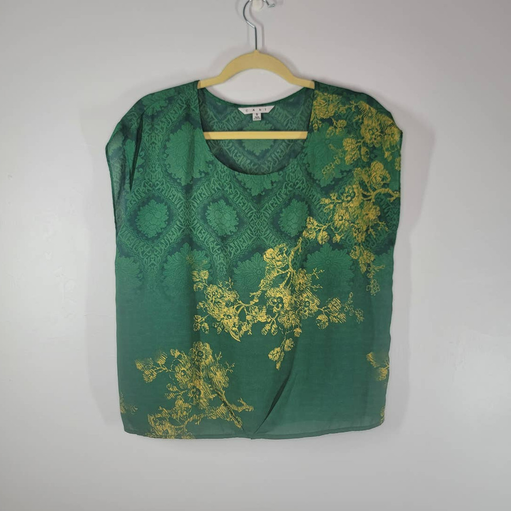CAbi Women's Green With Envy Cap Sleeve Yellow Floral Top Blouse Size Small - Picture 2 of 5